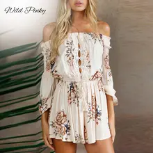 WildPinky Floral Print Summer Playsuit Women Long Sleeve Off Shoulder Short Romper Jumpsuit Boho Beach Sexy Lace Up Playsuit square neck lace up random floral print playsuit in navy