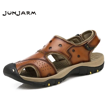 

JUNJARM Brand Genuine Leather Men Sandals Shoes Breathable Light Beach Shoes Summer Soft Casual Quality Walking Sandals 38-46