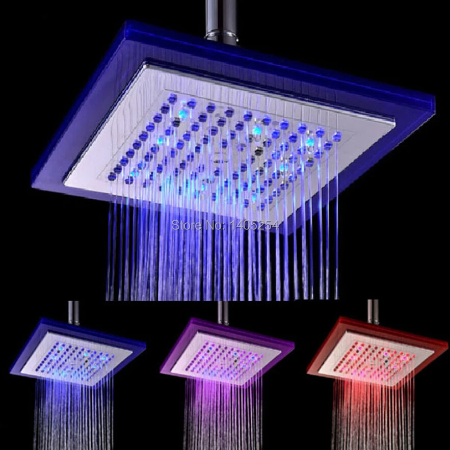 Термостат сверкающих LED верхний душ 8 дюймов квадратный прозрачный синий обесцвечивание верхний душ