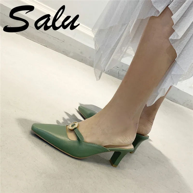 

Salu Spring Summer New Solid Concise Sandals Mature Elegant Convenient Cow Leather Band Slip-on Shoes Office Lady