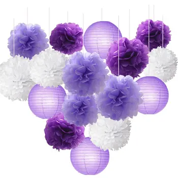 

16pcs Tissue Paper Flowers Ball Pom Poms Mixed Paper Lanterns Craft Kit for Lavender Purple Babyshower Decor Wedding Decorations