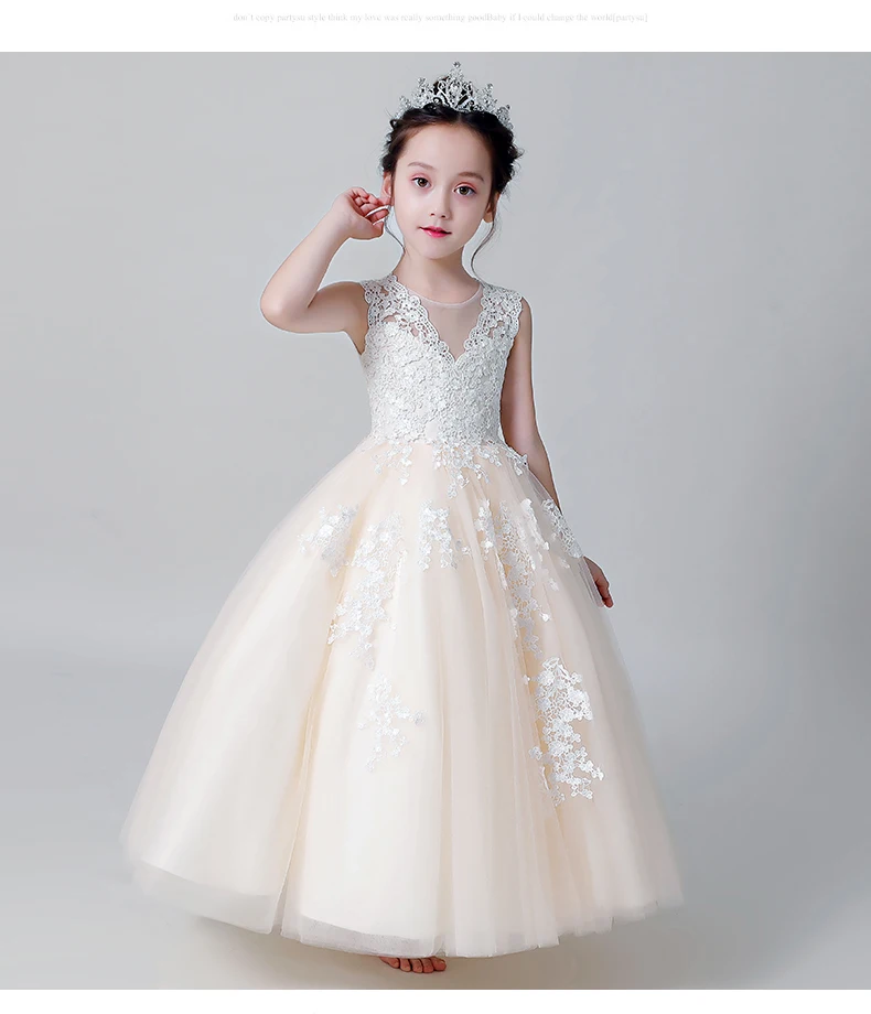 Кружевное Свадебное платье для девочек цвета шампанского вечерние платья принцессы из тюля с v-образным вырезом на день рождения платье принцессы с цветочным узором для девочек платье для первого причастия