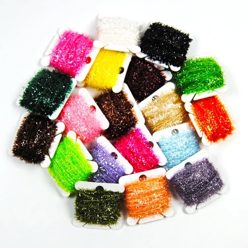 16Cards 10m/card Fly Fishing Tinsel Chenille Flies Material for Streamer Lures Crystal Flash Line Green Yellow Black Gold Pink