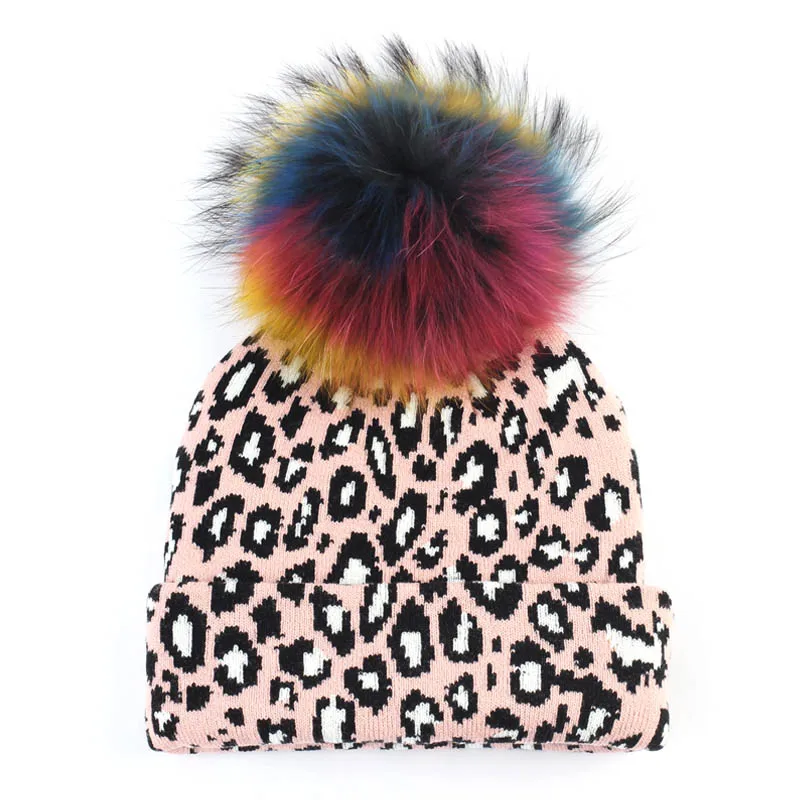 Geebro, Женская леопардовая шапочка, шапка с помпоном, зимняя, теплая, с принтом, громоздкая, шапочки с помпоном из меха енота, Femme Skullies& Beanie - Цвет: Pink C