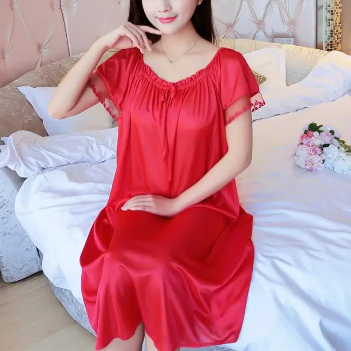 Ladies Nightgown Soft Crew Collar Short Sleeve Long Sleeping Dress NSV775