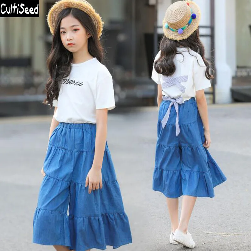 

Cultiseed Big Girl Summer Set 2019 Children Letter Print T-shirt+Wide Leg Pant 2pcs Sets Suit Kids Casual Set Clothing