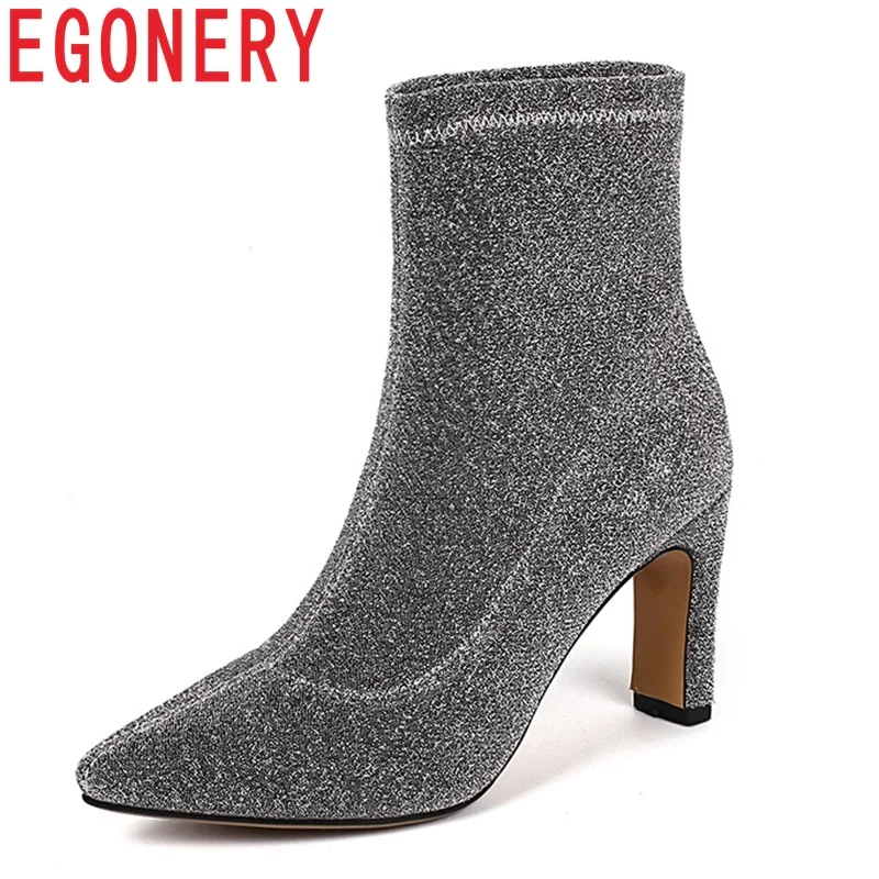

EGONERY fashion brand high quality lady ankle boots 2019 hot sale sexy party shoes ladies sequined cloth pointed toe high heels