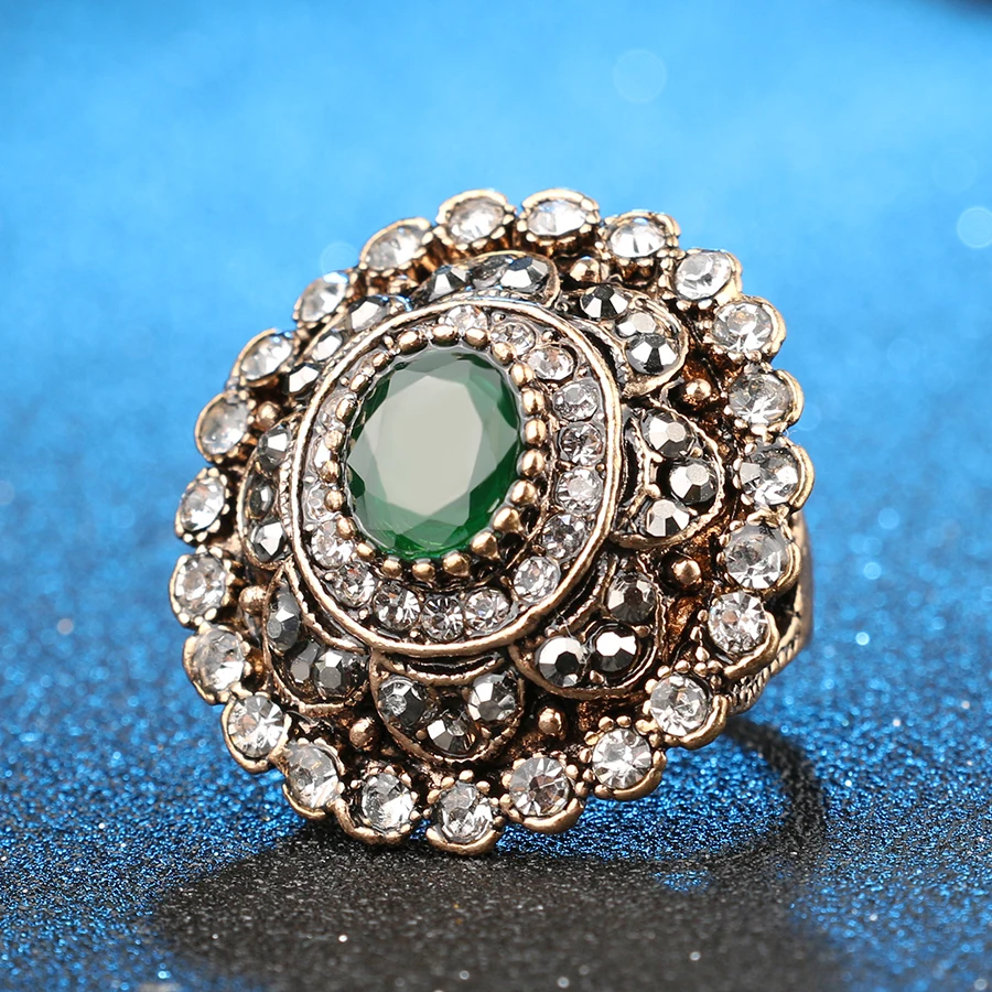 Fashion Vintage Look Ring Gold Color Big Round Crystal Flower Green Gem Antique Rings For Women 2018 New Brand Rings For Women Fashion Rings For Womenrings For Women Aliexpress