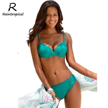 

Raintropic New Push Up Swimwear Solid Bikinis Sexy Women Swimsuit Summer Bandeau Bikini Printed Bikini Set Beach Bathing Suits