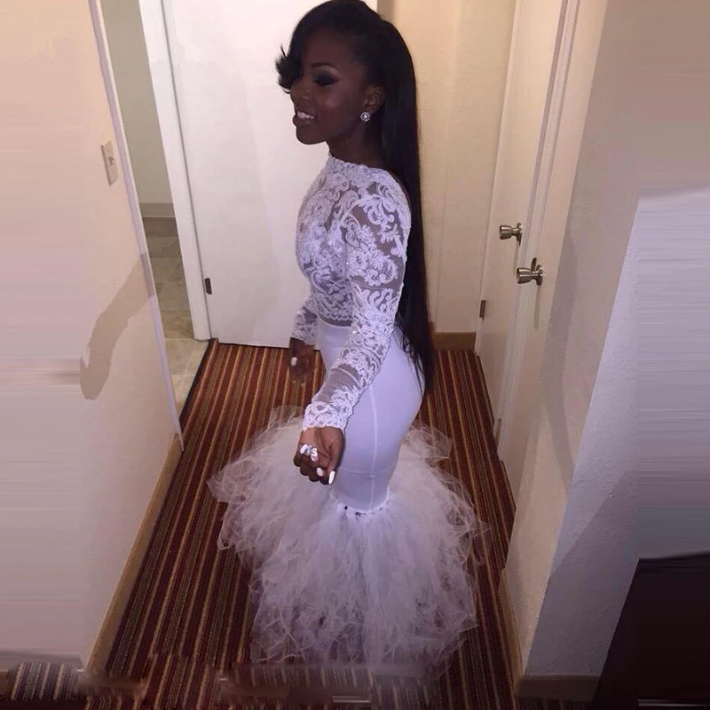 

Saudi Arabia Long Sleeve Evening Dress Elegant White Mermaid Two Pieces Set Prom Dresses Custom Made