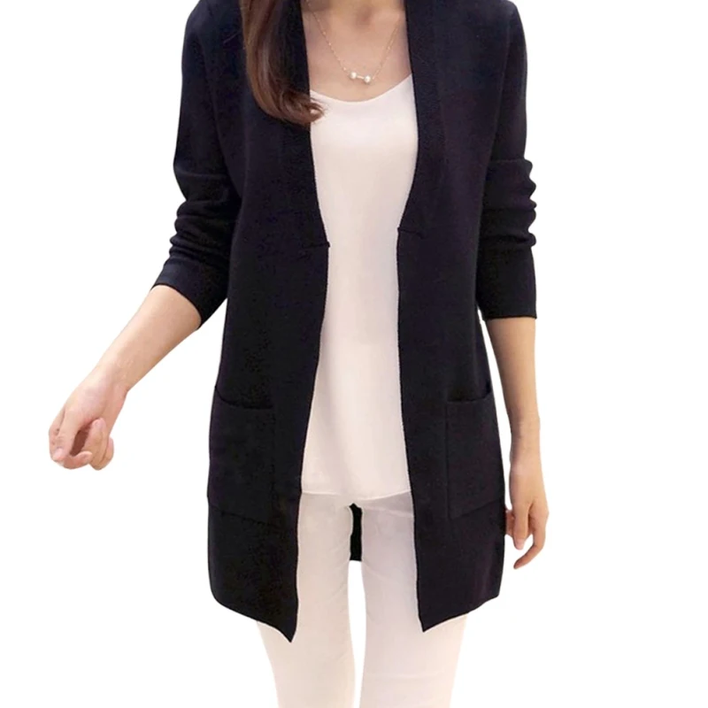 

Women Autumn Solid Long Cardigan V Neck Lady Slim Pocket Loose Knit Sweater CasualOutwear