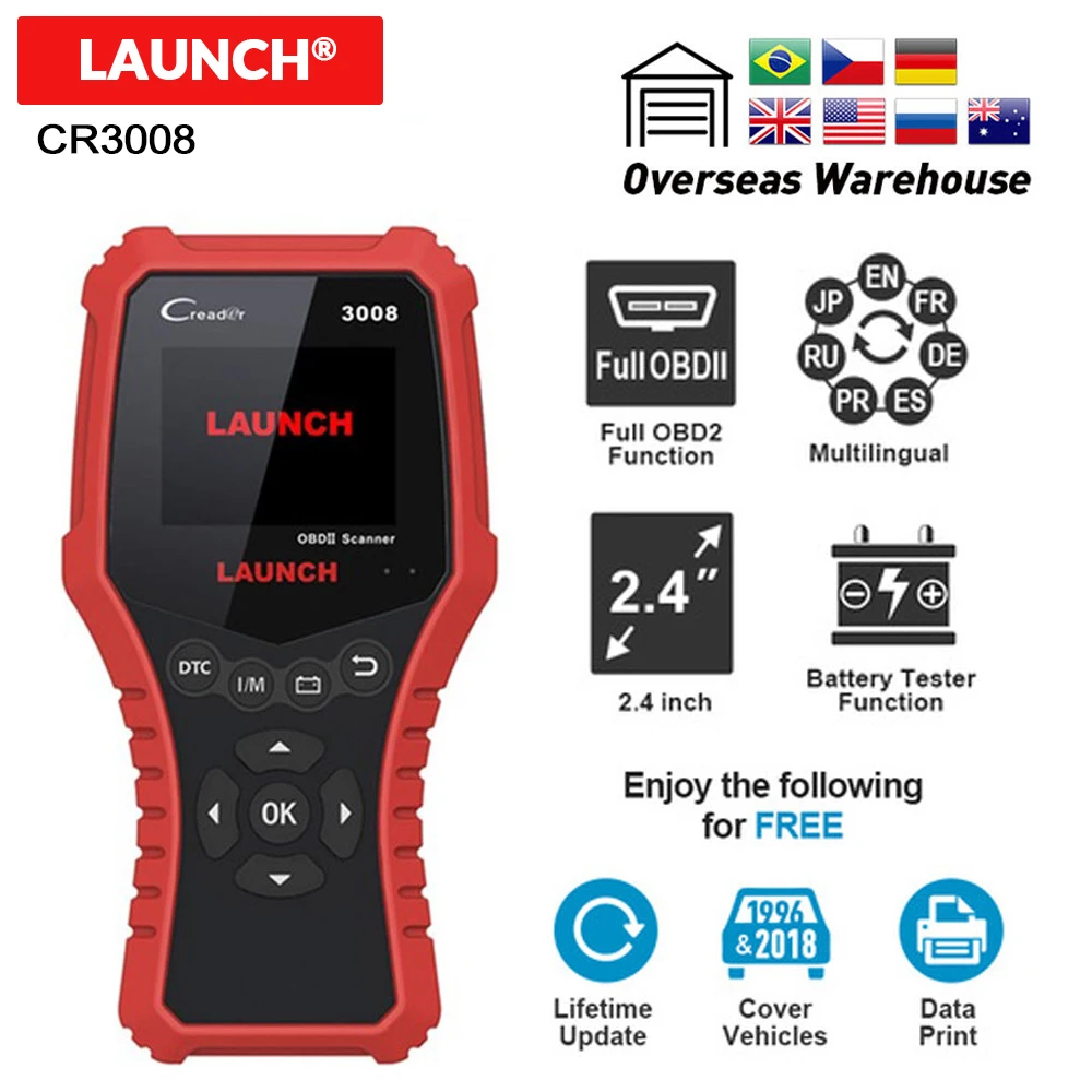 

LAUNCH Creader 3008 Scanner support full obd2 + Battery tester function CR3008 OBDII code reader diagnostic tool free update
