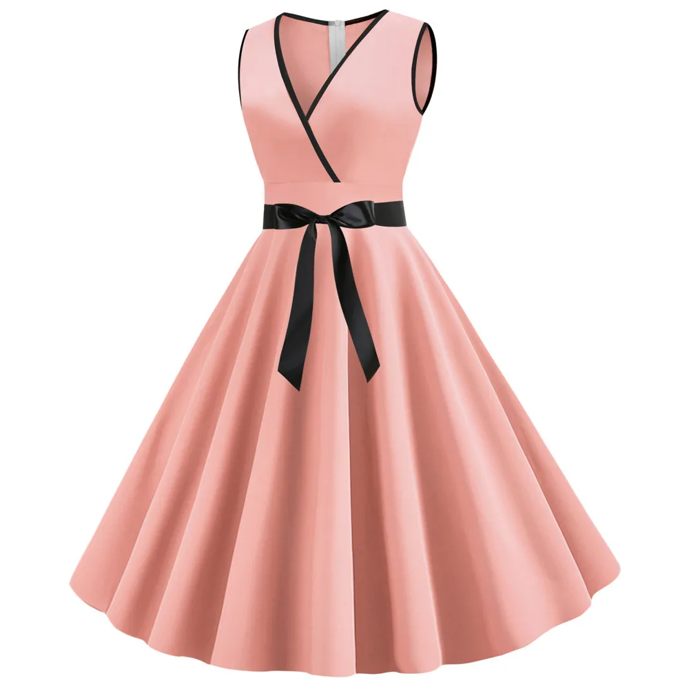 LAUZUOLA Light Blue Pink Pleated Vintage Dress Women Sexy Sleeveless V Neck Retro 50s 60s Pinup Swing Summer Dresses Solid