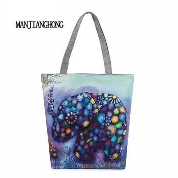 

Manjianghong Characters Printed Canvas Tote Handbags Large Capacity Female Single Shoulder Bags Daily Use Canvas Shopping Bags
