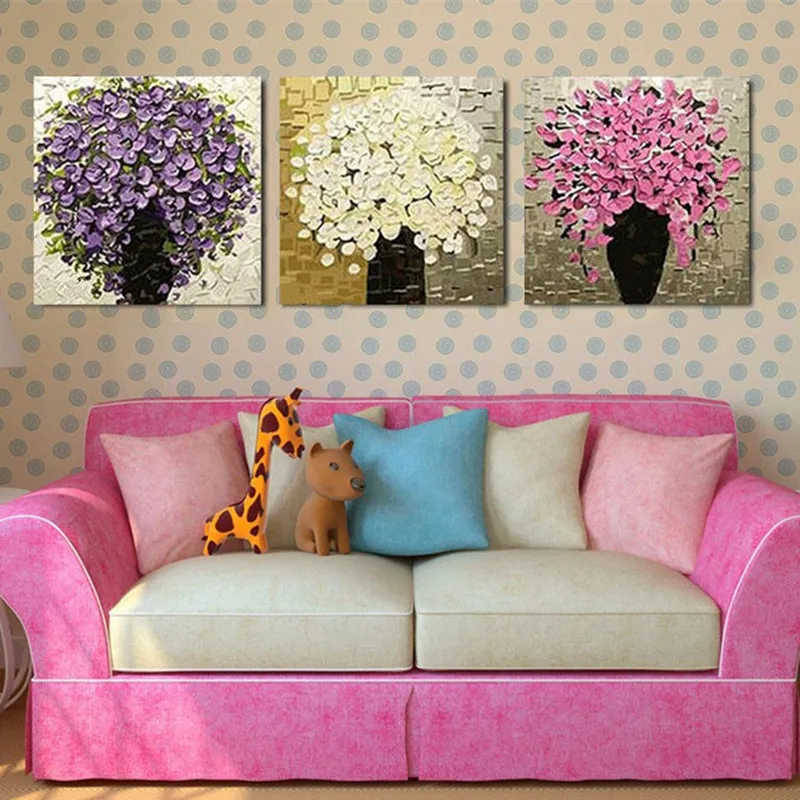 

Handpainted Abstract Purple Pink Flower Oil Paintings Modern Home Decor Wall Art Pictures 3 Panel Knife Floral Canvas Painting