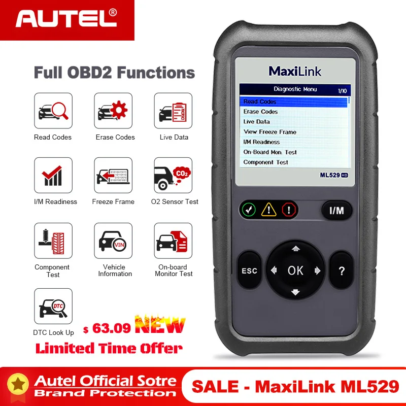 

Autel MaxiLink ML529 OBD2 Scanner Diagnostic Tool OBDII OBD OBD2 Auto Check Engine Light DIY Fault Code Reader As AL529 PK AL519