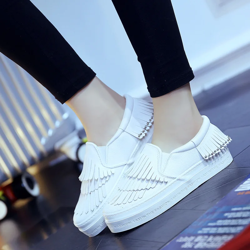 2016 Spring Fashion Canvas Flat Loafers font b Women b font Shoes Tassel Rivet Style Platform