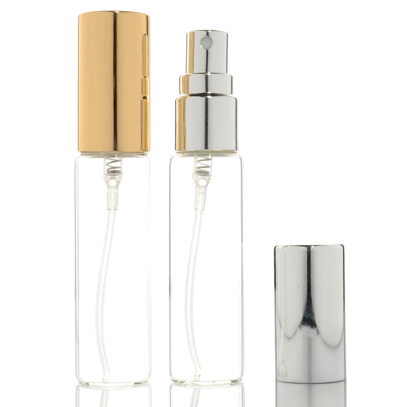 

50pcs/lot 10ml Transparent Thin Glass Spray Bottle Sample Glass Vials Portable Mini Perfume Atomizer Gold Silver Cap