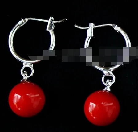 

hj 00431 AAA Dangle 10mm Red Round Sea Shell Pearl Earring Silver Hook