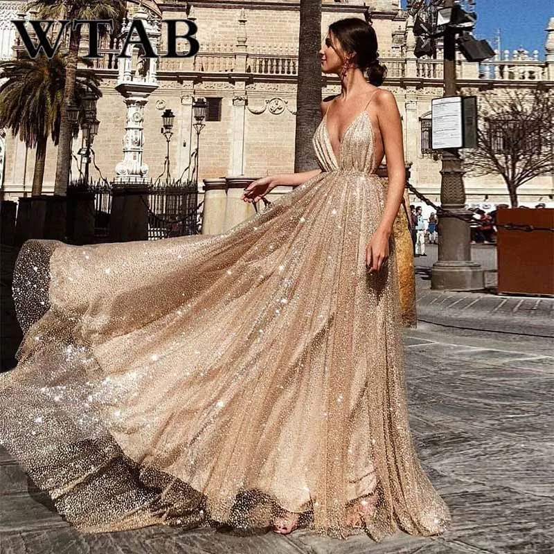 

WTAB NEW 2019 vestidos sequin summer dress deep v-neck mesh patchwork lace women dress strap Empire long backless party dresses