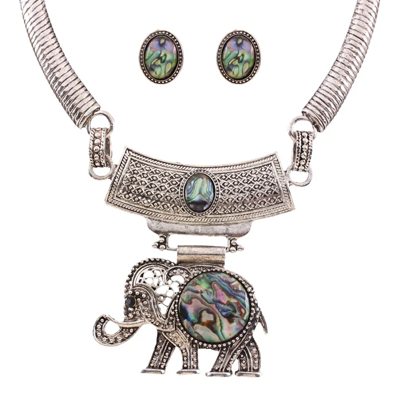 

Women Vintage Ethnic Jewelry Sets Statement Colorful Resin Elephant Necklaces & Pendants Antique Silver Color Stud Earrings Sets