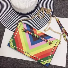 2017 Summer Female Rainbow Day Clutches Ladies Mini Chain Bag Rivets Wrist Envelope Clutch Small Crossbody