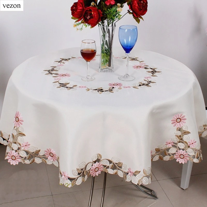 vezon Elegant Polyester Satin Embroidery Pink Daisy Tablecloth