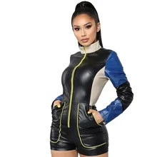 Contrast Color Patchwork Short Playsuit Women PU Leather Front Zipper Party Bodysuit Streetwear Stand Collar Pockets Overalls Contrast Color Patchwork Short Playsuit Women PU Leather Front Zipper Party Bodysuit Streetwear Stand Collar Pockets Overalls