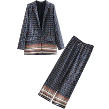 Set female autumn new temperament casual printing long-sleeved jacket small suit + high waist wide leg pants elegant two-piece