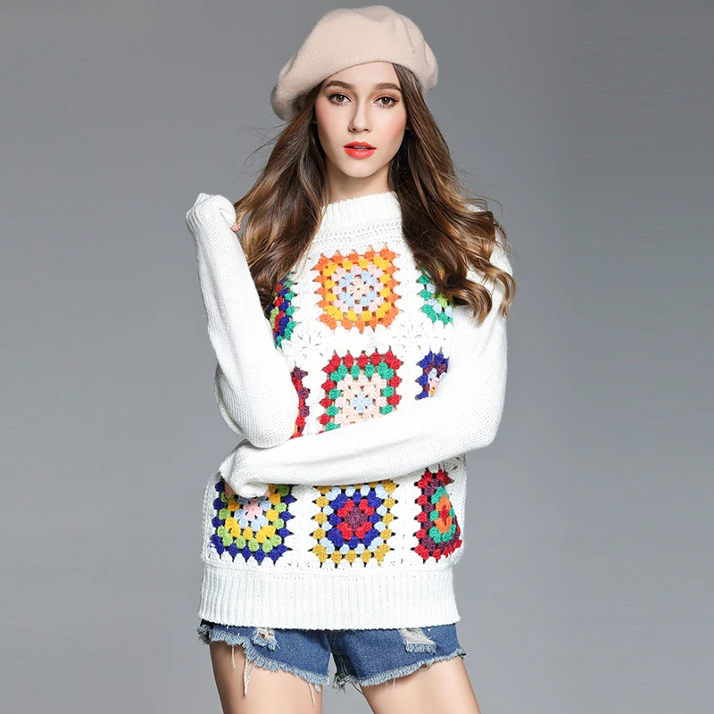 2017 Women Heavy knitted sweater Women Brand Black Hollow Out Print