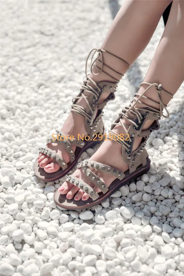 2017 New Women Sandals Gladiator Cross-tied Summer Women Shoes Rivet Flats Back Zip Opening Casual Shoes Black Brown Blue 4-9.5