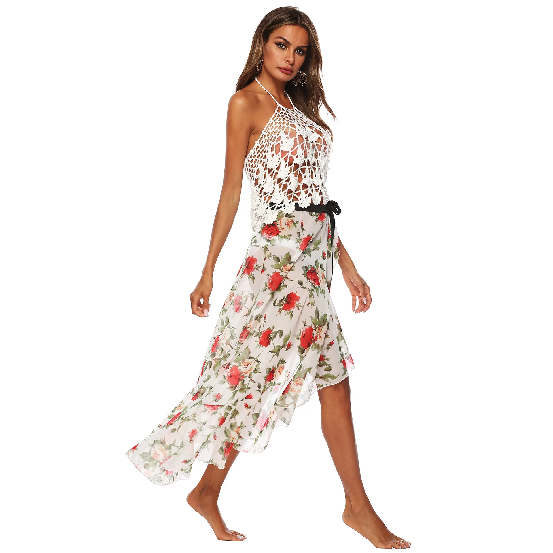 

womens skirt wear flower printed sweet chiffon wraps irregular lotus edge beach skirt bandage skirt faldas mujer moda 2019