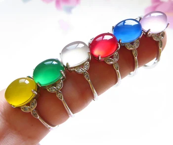 

Natural jade ring 925 sterling silver inlaid chalcedony crystal gemstone ring Ice multicolor jade ring female model cr2739#