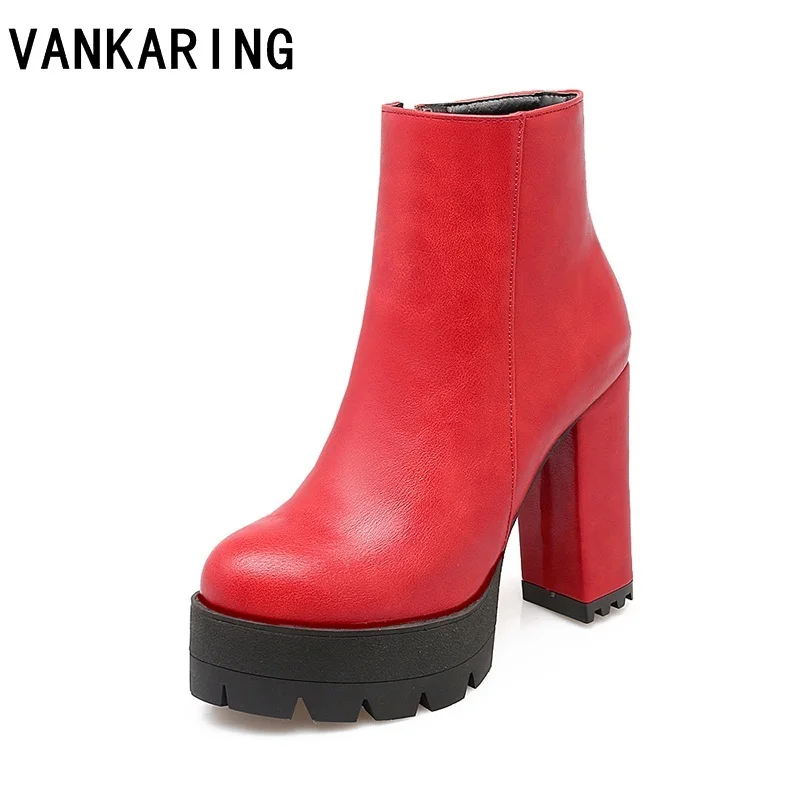 

VANKARING 2018 cheap PU leather vintage round toe thick high heels solid shoes women platform riding ankle winter boots women