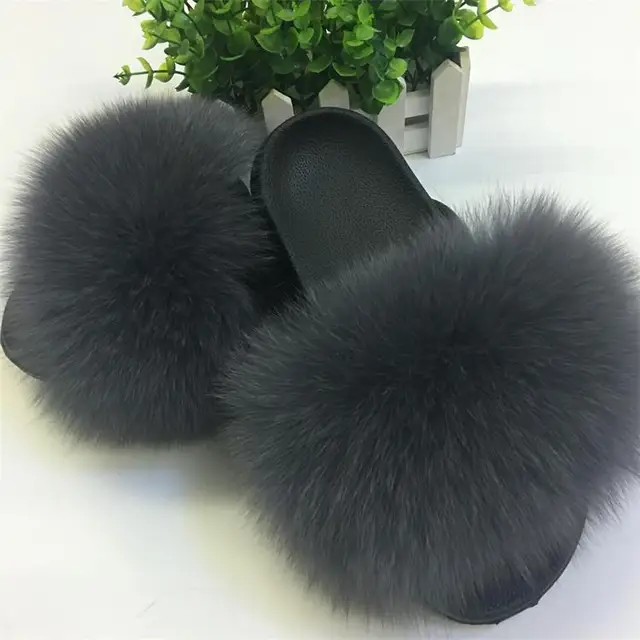 Fox Hair Slippers Women Fur Home Fluffy Sliders Plush Furry Summer Flats Sweet Ladies Shoes Large Size 44 Hot Sale Cute Pantufas