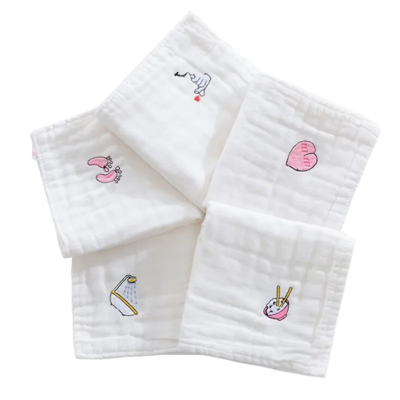  5PCS/LOT 100% Cotton Baby Wipes Muslin Cloth Squares Handkerchief Embroidery Pattern Baby Washcloth