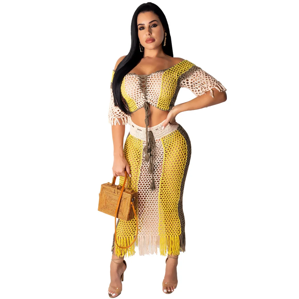 

Contrast Color Fashion Woman Two Pieces Mesh Set Hot Sexy Off Shoulder Slash Neck Laced Up Crop Tops Fringes Midi Skirt Suit