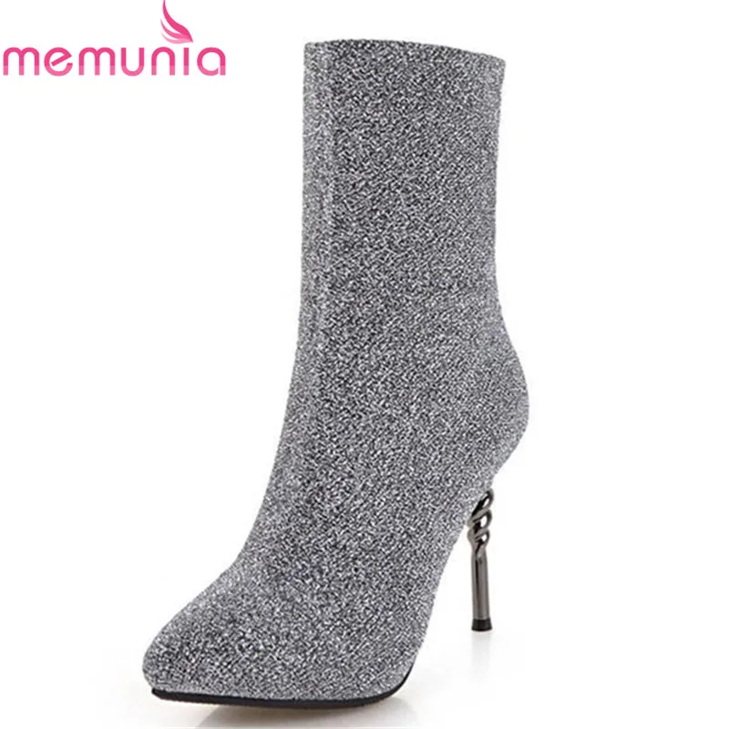 

MEMUNIA 2018 new fashion sock boots pointed toe sexy stiletto heels female shoes slip on elegant ankle boots for women wine red