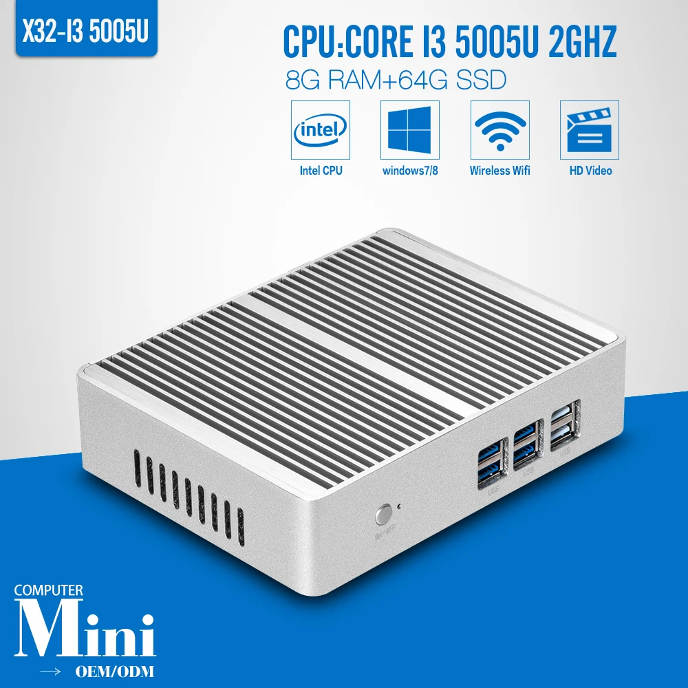 Windows Mini pc i3 HTPC Nuc Fanless Computer Broadwell 5Gen Core i3 5005U 8GB RAM 64GB SSD Wifi Mini Computer PC for office