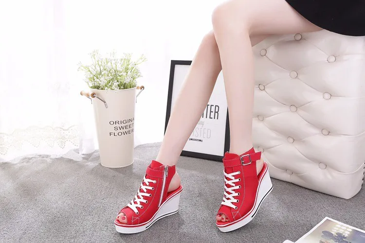New Summer Wedges Canvas Shoes Woman Platform Sandals Ladies Open Toe Breathable Shoe Women Casual Shoes Platform Wedge Sandals 8