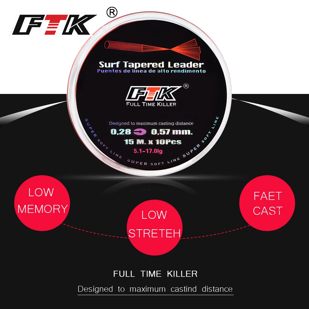 FTK المياه المالحة تصفح الصب صدمة زعيم الصيد خطوط 5*15 M/10*15 M 4.4-17 كجم خيط النايلون تصفح مستدق زعيم سوبر لينة خط
