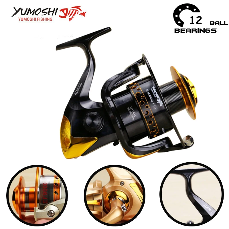 

Yumoshi 8000-9000 metal 12+1BB Spinning Fishing Reels One Way Clutch Fishing Reel Carretilha de pesca molinete Feeder