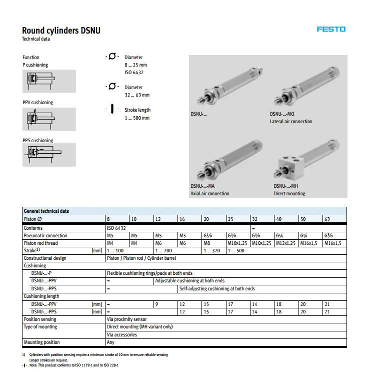 DSNU-40-25-PPV-A DSNU-40-30-PPV-A DSNU-40-50-PPV-A DSNU-40-60-PPV-A FESTO мини-пневматический цилиндр, компоненты DSNU Серии