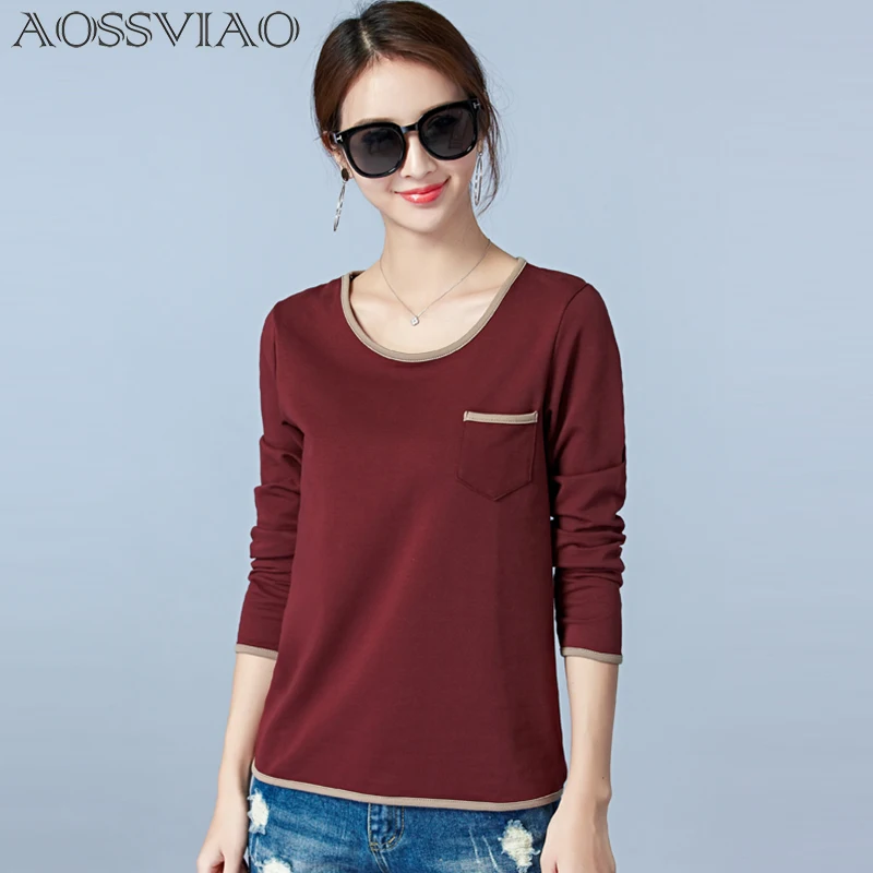 

AOSSVIAO Long Sleeve Tops Women T Shirts Pockets 2019 Autumn Winter Tshirt Cotton O-Neck Casual Camiseta Feminina Plus Size