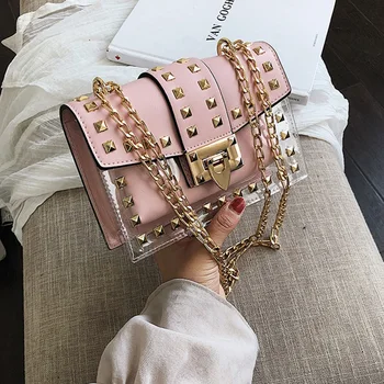 

AUAU-Small Clear Designer Woman New Fashion Messenger Bag Chains Shoulder Bag Female Rivets Transparent Square Pu Handbag
