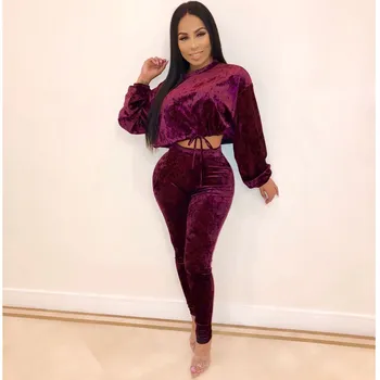 

2019 New Women Solid Lace Up Two Piece Set Short Fashion Batwing Sleeve Crop Top And High Waist Pencil Pants Casual Suits