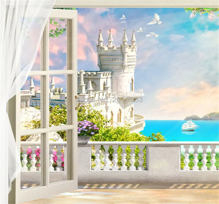 Пользовательские 3D фрески обои Европейский Стиль Окна Балкон морской пейзаж на стену ткань гостиная спальня фон обои 3 D