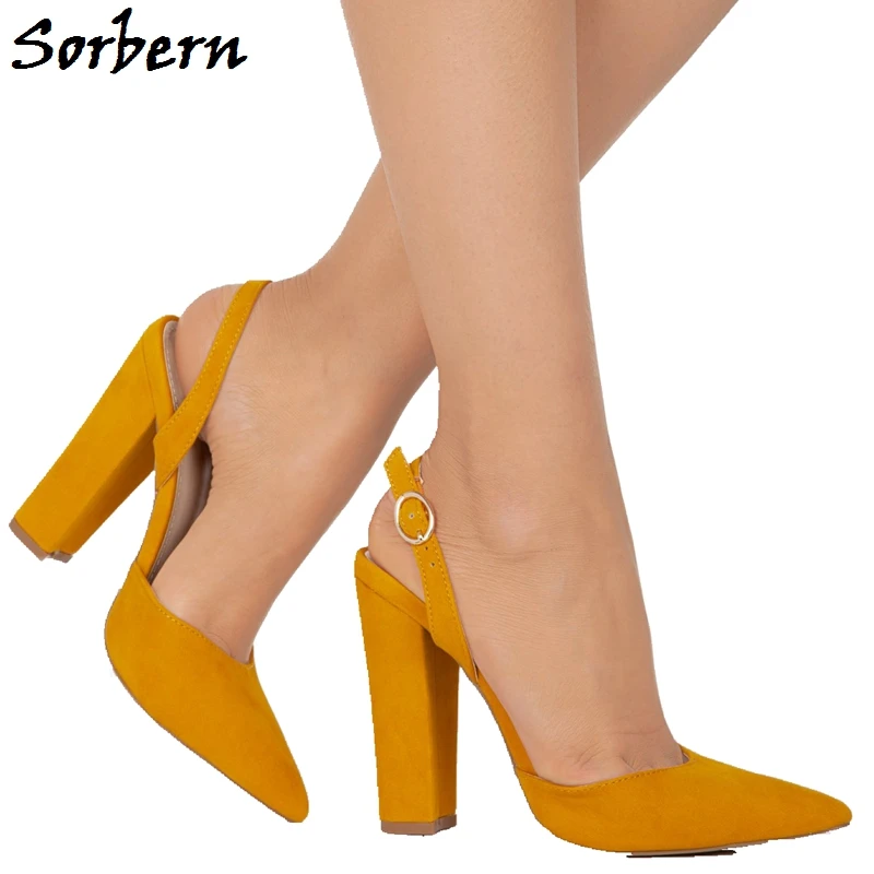 Sorbern Black Shoes For Women Pump Block Heels With Strap Slingbacks Pointy Toes Slip On Plus Size 10 Women'S Shoes OL Heels