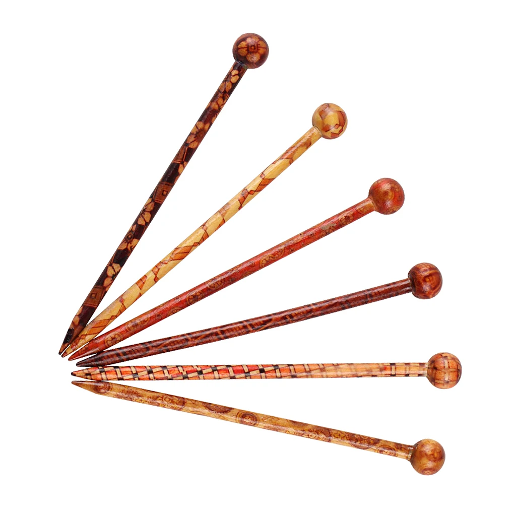 6 Pcs Retro Hair Sticks Printed Wood Hairpin Wooden Hairpin Needle Headdress Handmade Chinese Chopstick Style Hair Jewelry