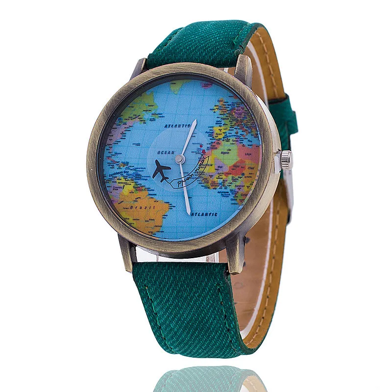 Fashion Global Travel By Plane Map Denim Fabric Band font b Watch b font Casual font